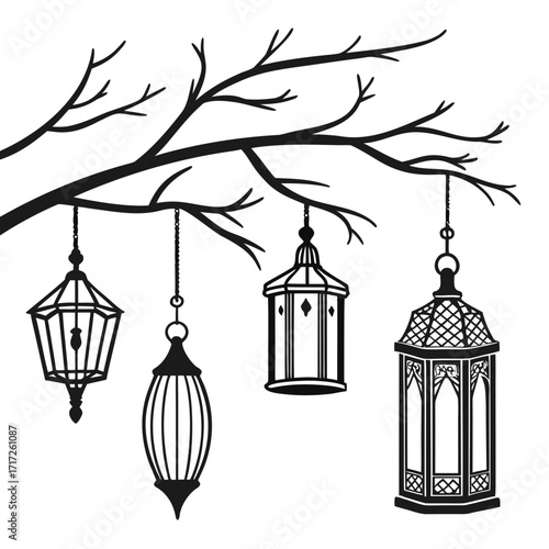 Ornate lanterns hanging from bare branches vector