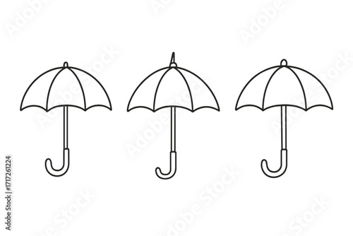 Umbrella icon set. Simple line art vector of parasols. Minimalist bumbershoot symbols for weather forecast, rain protection, or insurance concept. Isolated graphic design element.