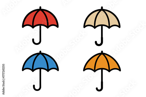 Colorful umbrella icon set vector illustration. Four parasol symbols in red, blue, orange, and beige for graphic design. Weather forecast, rain protection flat cartoon element.
