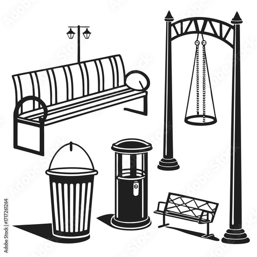 Park bench street lamp trash bin swing urban