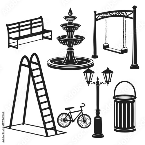 Park elements bench fountain swing ladder bicycle lamp trash