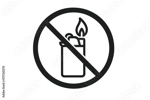 No lighter sign icon. No open flame symbol. Fire prohibited vector illustration. Flammable danger warning. Stop ignition sources. Gas station safety rule. Outline pictogram.