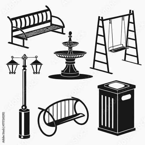 Park elements bench fountain swing lamp trash bin lamp post