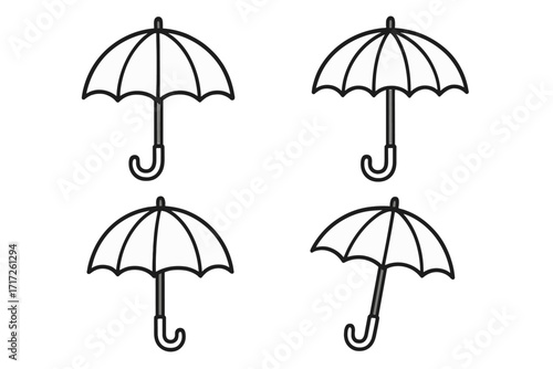 Umbrella icon set vector illustration. Simple black and white line art collection. Weather protection symbol for design. Rain parasol graphic element. Minimalist outline icons.