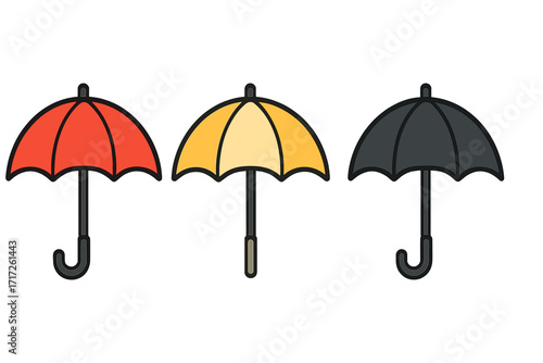 Colorful umbrella icons set, cartoon style bumbershoot and parasol illustrations for graphic design, web, cards, books, articles, transparent background, ordered design collection
