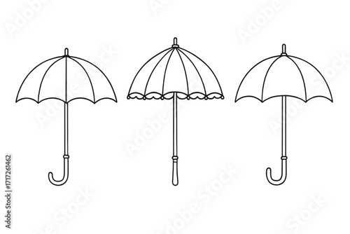 Umbrella parasol bumbershoot thin line vector set, cartoon style illustration with transparent background, different umbrella designs, protection from rain and sun concepts