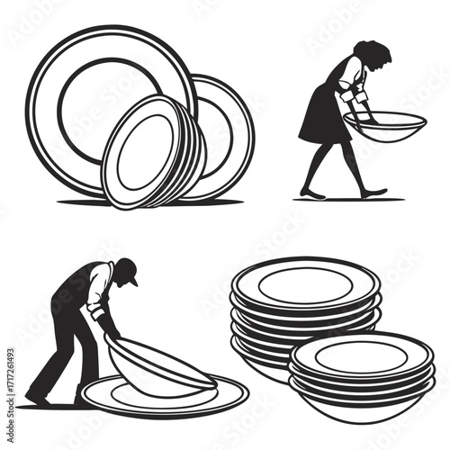 People washing and stacking dishes plates bowls