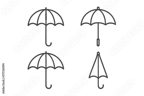 Set of elegant umbrella vector icons, parasol and bumbershoot designs for graphics, apps, adverts, books, weather symbols, black line art illustrations with transparent background