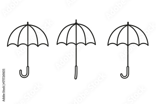 Linear umbrella icon set with parasol and bumbershoot designs. Vector cartoon illustration for graphic design, websites, cards, books, articles. Transparent background. Ordered three umbrella symbols.