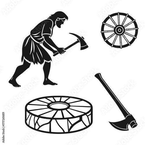 Prehistoric man with tools and wheel caveman