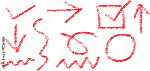 Red hand-drawn sketch elements including arrows, check marks, and scribbles on a white background