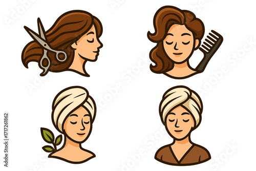 Hair salon and spa beauty logo set. Vector cartoon illustration of elegant female hairstyles, hair care tools, spa relaxation with towels and greenery, wellness icons.