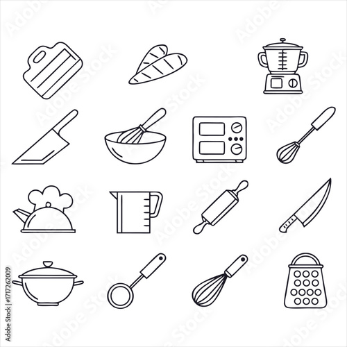 Collection of illustrated kitchen utensils and appliances for cooking and baking