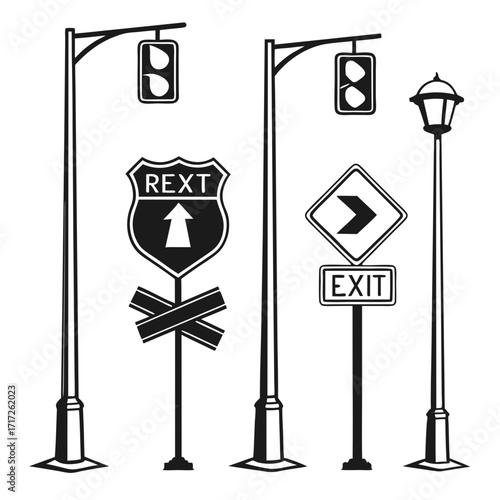 Road signs and streetlights traffic signals highway signs