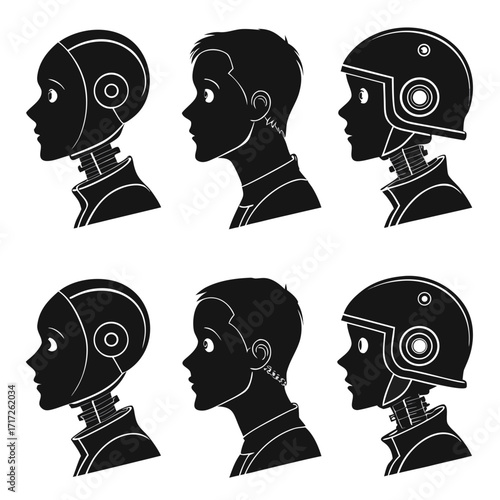 Robot heads and human profiles with helmets silhouette