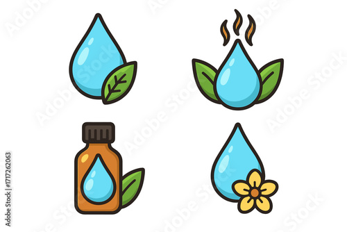 Aromatherapy oil drop logo design vector set with water drops, leaves, flower, essential oil bottle, natural wellness, spa, herbal, freshness, healing concepts