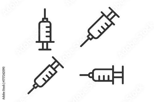 Minimalistic syringe outline icon set, medical injection needle symbols, vector cartoon illustration for web design, apps, banners, social media, and health cards, transparent background