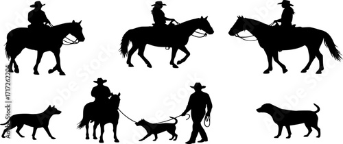 A vector silhouette three cowboys and one cowgirl riding horses and one cowboy is walking and leading a horse. There are also two cow dog silhouettes.

