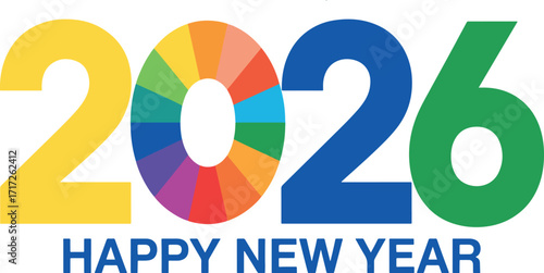 Colorful and modern 2026 happy new year design with vibrant numbers and a festive message against a perfect for new year celebrations and promotional materials