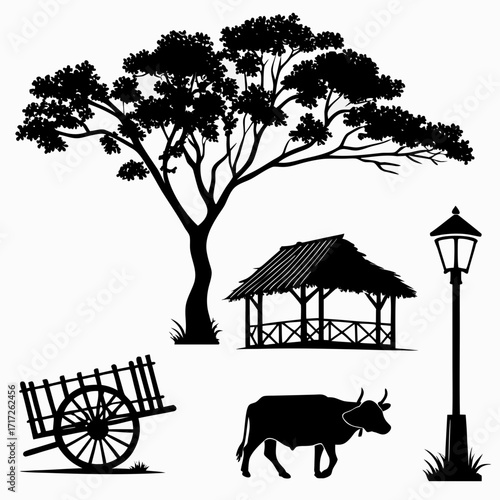 Rural scene elements silhouette village scene tree