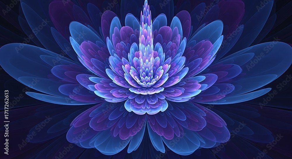 Obraz premium A mesmerizing fractal image of a vibrant, multi-layered flower in shades of blue and purple.