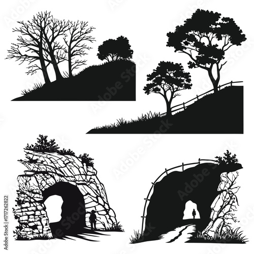 Silhouetted trees rocky cave tunnel entrances vector