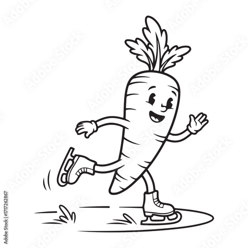 Cartoon carrot character ice skating on a white background