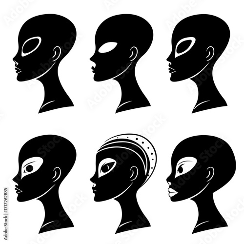 Six alien heads profile variations extraterrestrial