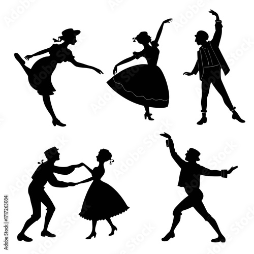 Six figures dancing in silhouette dancers folk dance