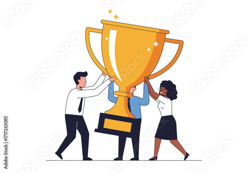 Diverse Business Team Celebrating Success with Trophy.
