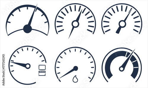 Set of six semi circular gauges and meters with needles and markings