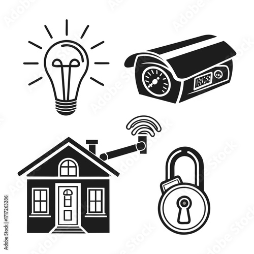 Smart home security and automation icons light bulb