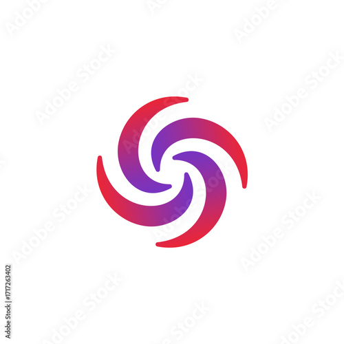 A modern abstract logo icon featuring six curved blades in a swirling vortex pattern with a vibrant purple and red gradient.