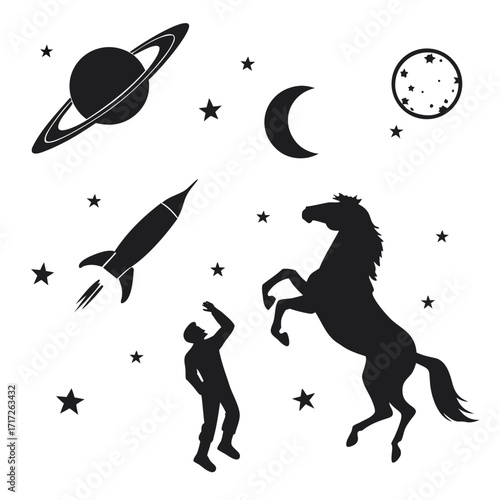 Space horse astronaut rocket moon stars silhouette