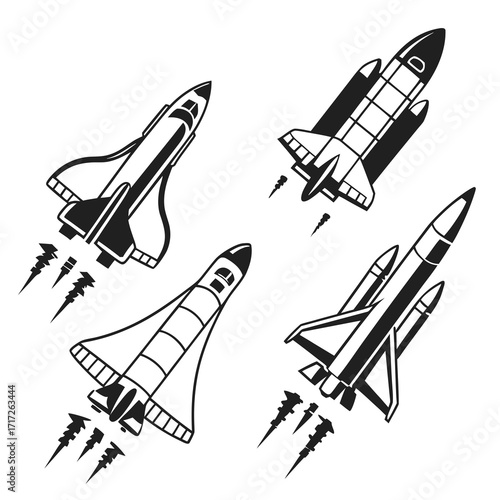 Space shuttle rockets ascending with exhaust trails