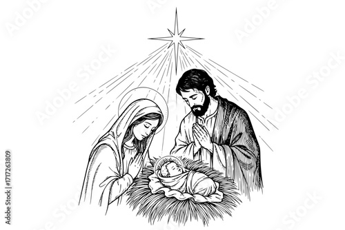 The Holy Night – Virgin Mary and Joseph Gazing with Love at Newborn Baby Jesus in Manger, Illuminated by Divine Star of Bethlehem, Christian Nativity Scene Vector Illustration