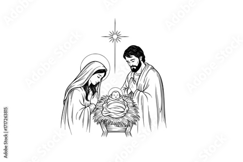 The Holy Night – Virgin Mary and Joseph Gazing with Love at Newborn Baby Jesus in Manger, Illuminated by Divine Star of Bethlehem, Christian Nativity Scene Vector Illustration