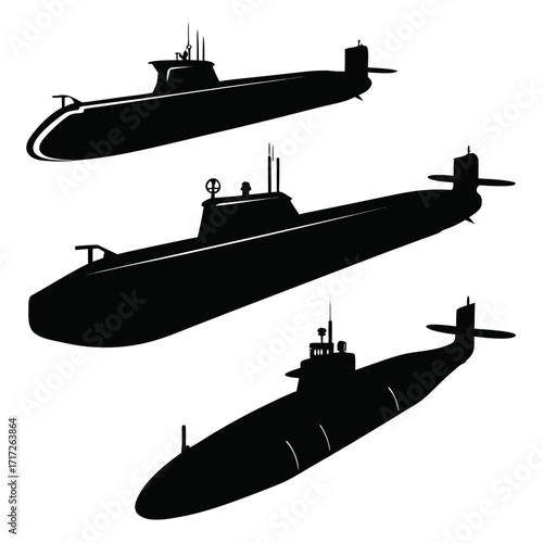 Three black submarine silhouettes submersible naval