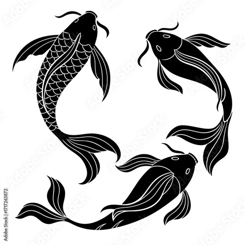 Three black koi fish in motion silhouette swimming