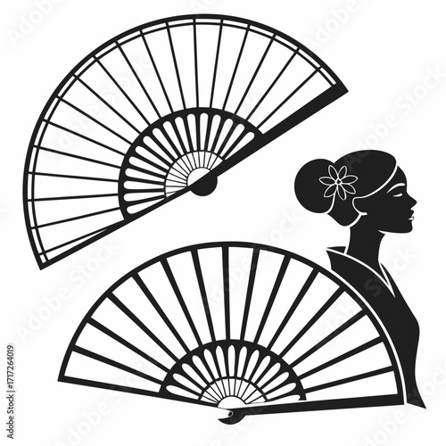 Traditional fans and geisha silhouette black white