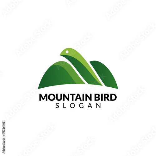 Mountain Bird Logo: Green bird silhouette forming mountain peaks.