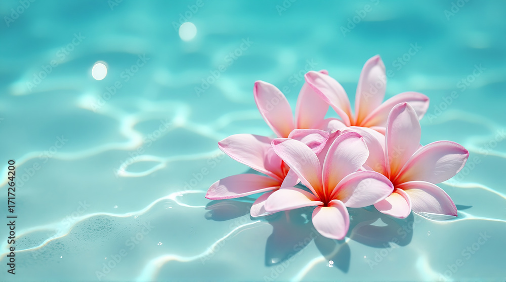 Fototapeta premium Pink Plumeria Flowers Floating on Light Blue Water with Gentle Ripples and Soft Reflection