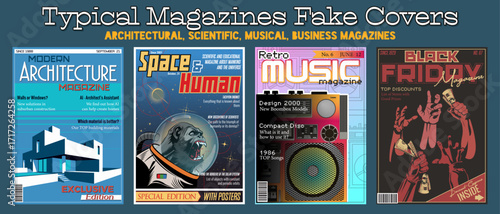 Typical Magazines Fake Cover Set. Modern Architecture, Space and Human, Retro Music, Black Friday Special Editions, Vector Templates for Posters, Covers, Illustrations