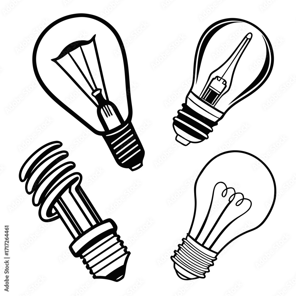 Fotografie Various light bulb outlines incandescent fluorescent