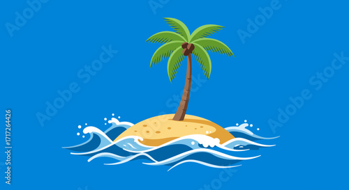Tropical Island Paradise A Serene Illustration of Palm Tree, Ocean Waves and Sandy Beach