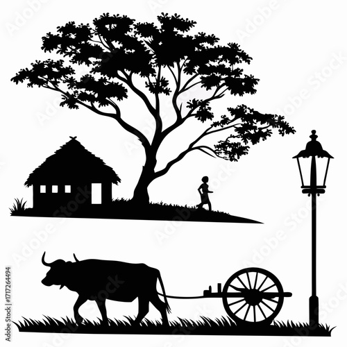 Village scene with bullock cart tree hut and lamp vector