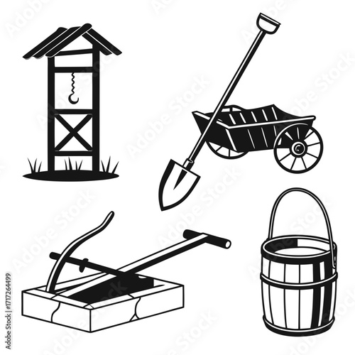 Village tools well cart shovel bucket pump vector