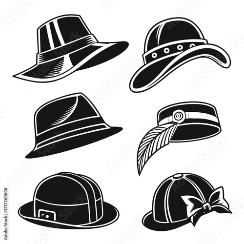 Vintage hats collection black white silhouettes hat silhouettes