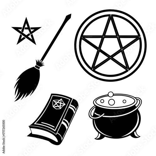 Witchcraft symbols pentagram broom cauldron book five pointed star