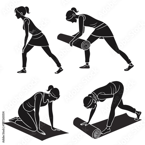 Woman yoga positions mat rolling unrolling silhouette